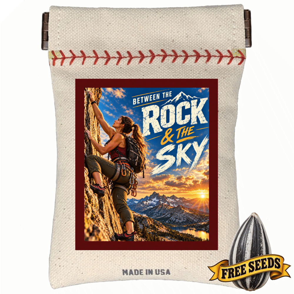 Women's rock climbing gear pocket seed sack featuring modern typography reading Between the rock and the sky.