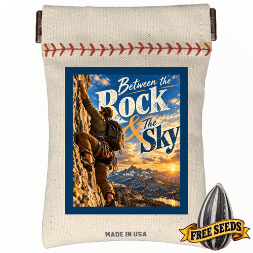 Men's rock climbing equipment pouch printed with the technical outdoor phrase Between the rock and the sky.