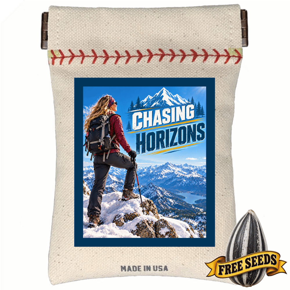 Outdoor gift for women showing a sleek pocket seed sack printed with the phrase Chasing Horizons.