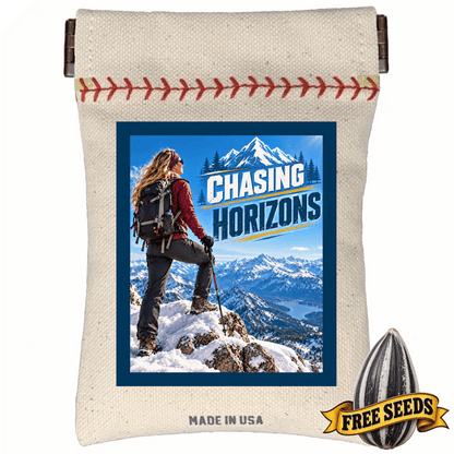 Outdoor gift for women showing a sleek pocket seed sack printed with the phrase Chasing Horizons.