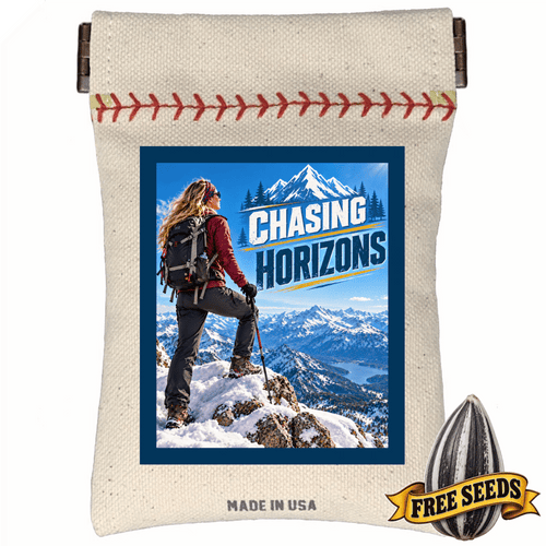 Outdoor gift for women showing a sleek pocket seed sack printed with the phrase Chasing Horizons.