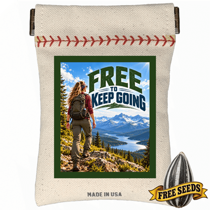Women's hiking gear pocket squeeze seed sack with mountains design and quote Free to keep going.