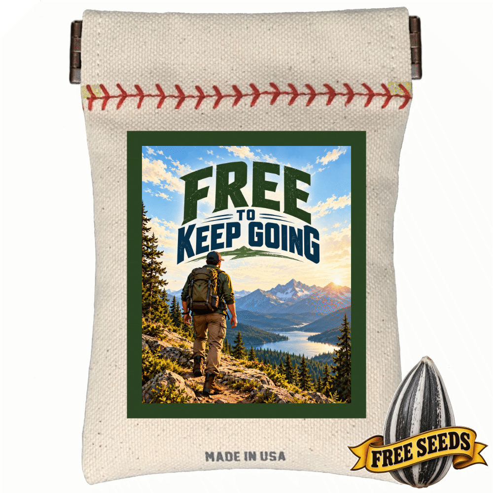 Men's hiking accessories pocket seed pouch featuring rugged trail style and text Free to keep going.