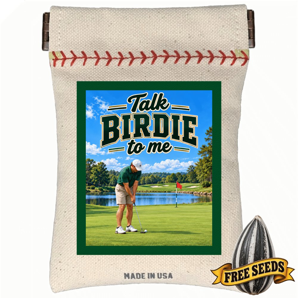 Premium golf accessories pocket seed pouch featuring text Talk Birdie to Me on front layout.