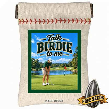 Premium golf accessories pocket seed pouch featuring text Talk Birdie to Me on front layout.