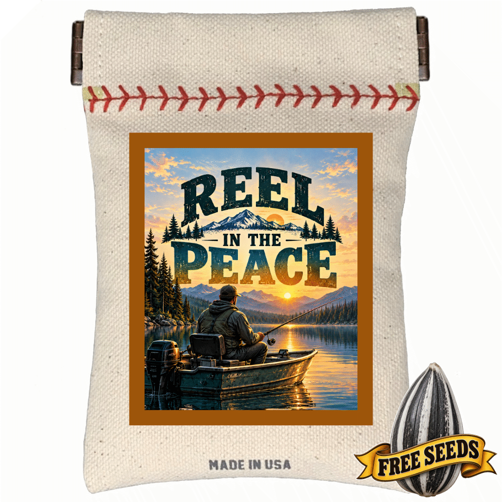 Men's fishing gear pocket squeeze seed pouch styled with fish graphic art and quote Reel in the peace.