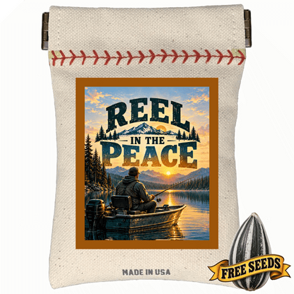 Men's fishing gear pocket squeeze seed pouch styled with fish graphic art and quote Reel in the peace.