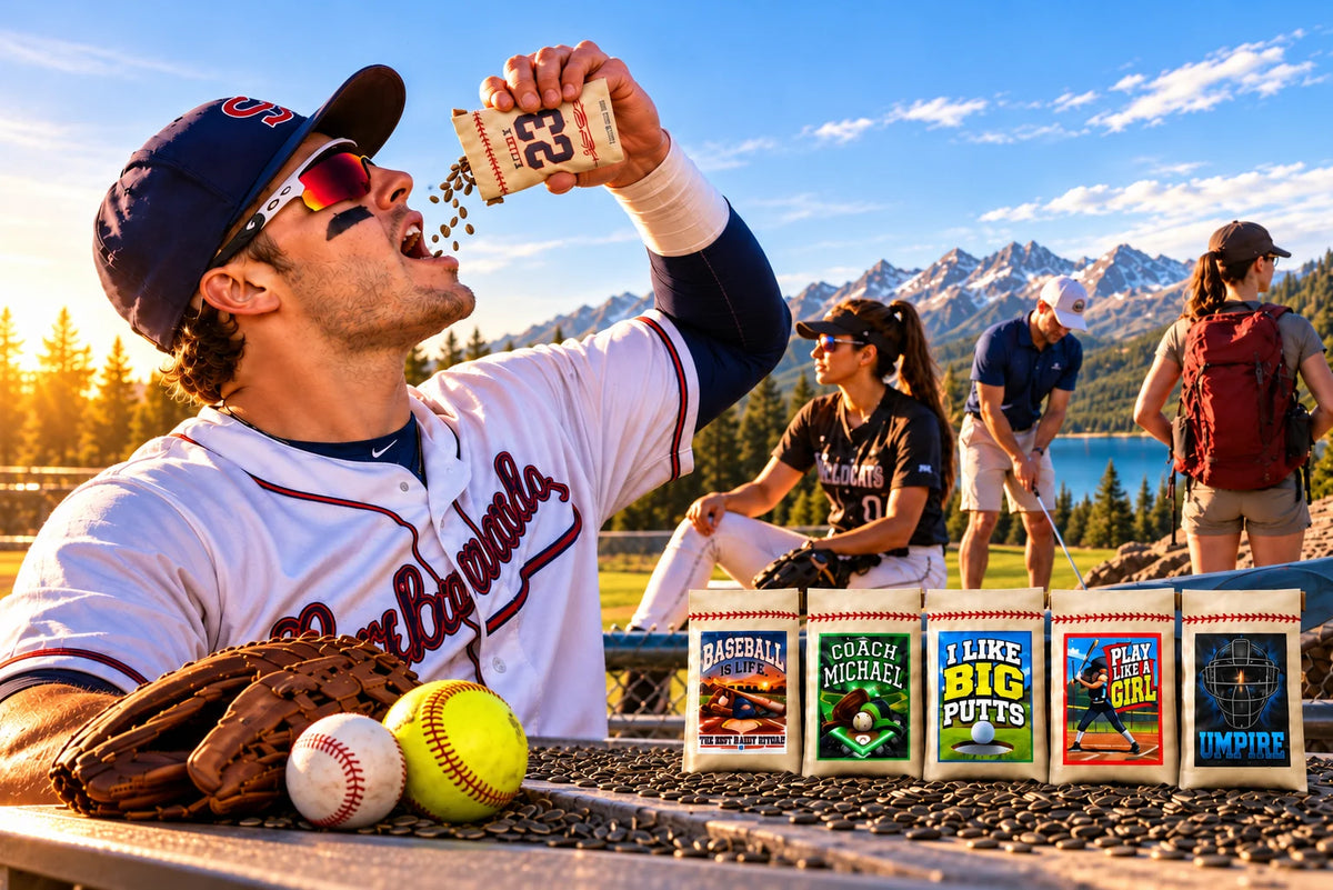 A baseball player enjoying sunflower seeds, with personalized Seed Sack pouches and softball, golf and hiking scenes.